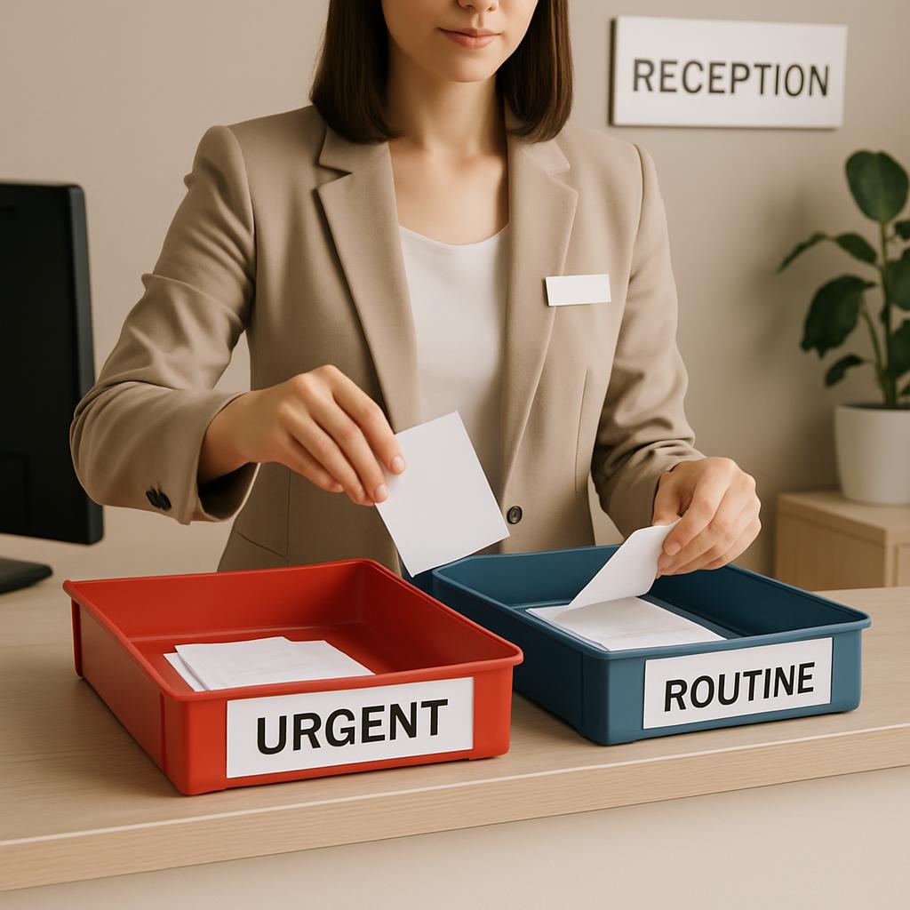 A woman in professional attire, standing at a reception desk, places a white card into a red box labeled 'URGENT' on the l...