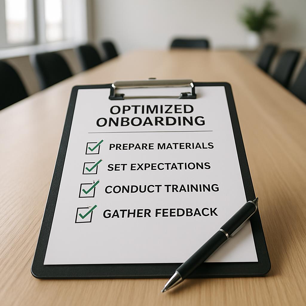 "Optimized Onboarding checklist on a clipboard with a pen."