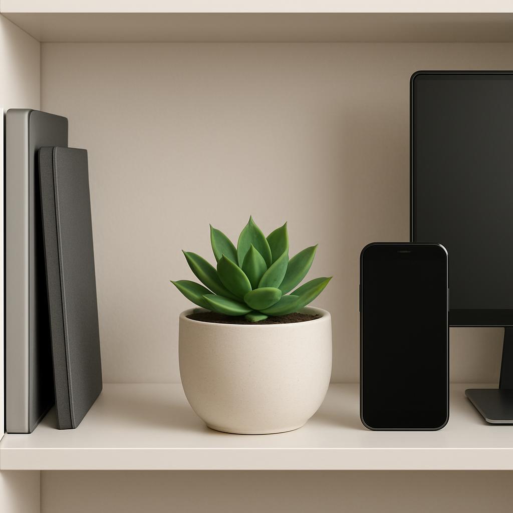 A white shelf with various objects.
